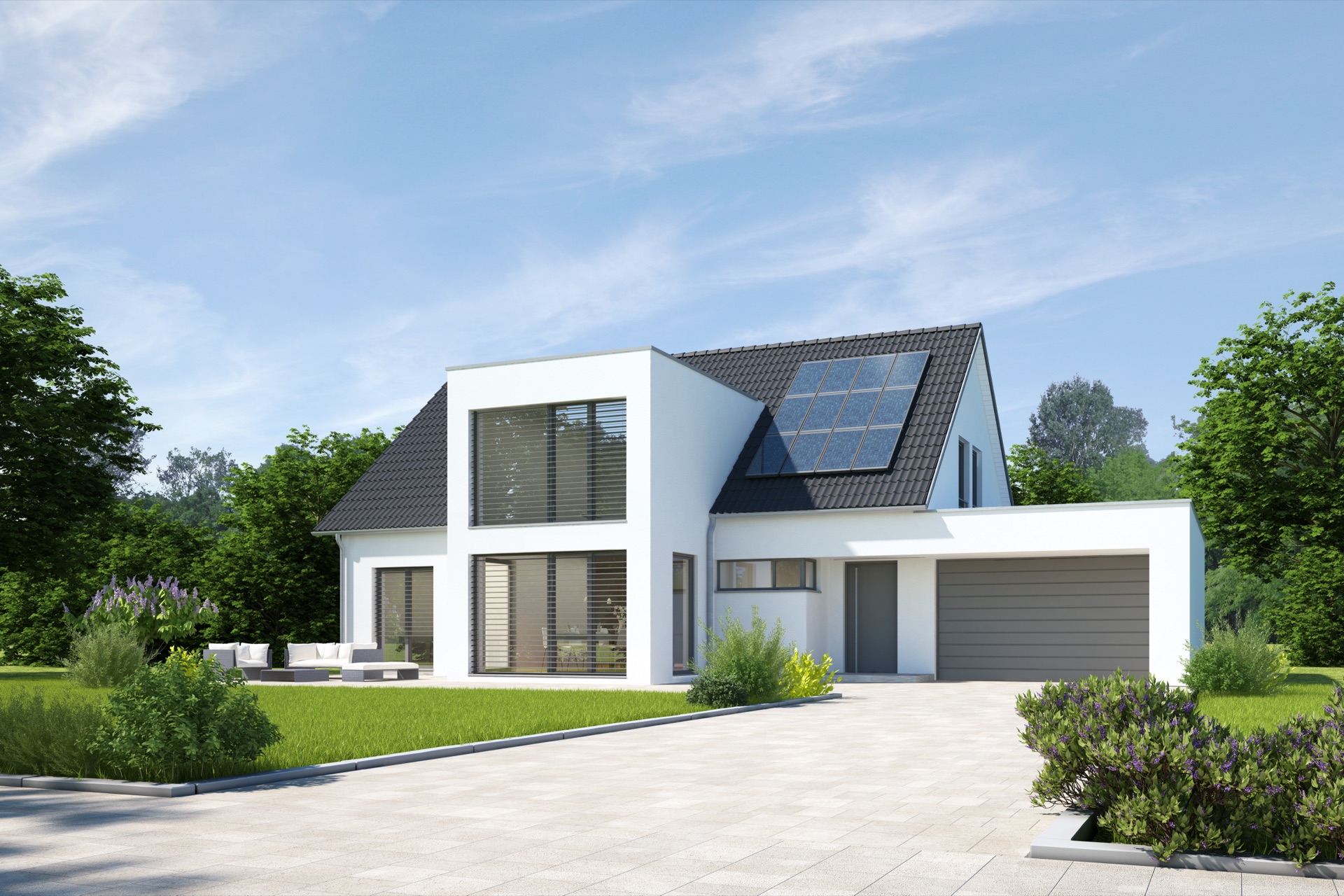 Modernes Haus mit Solaranlage und Doppelgarage