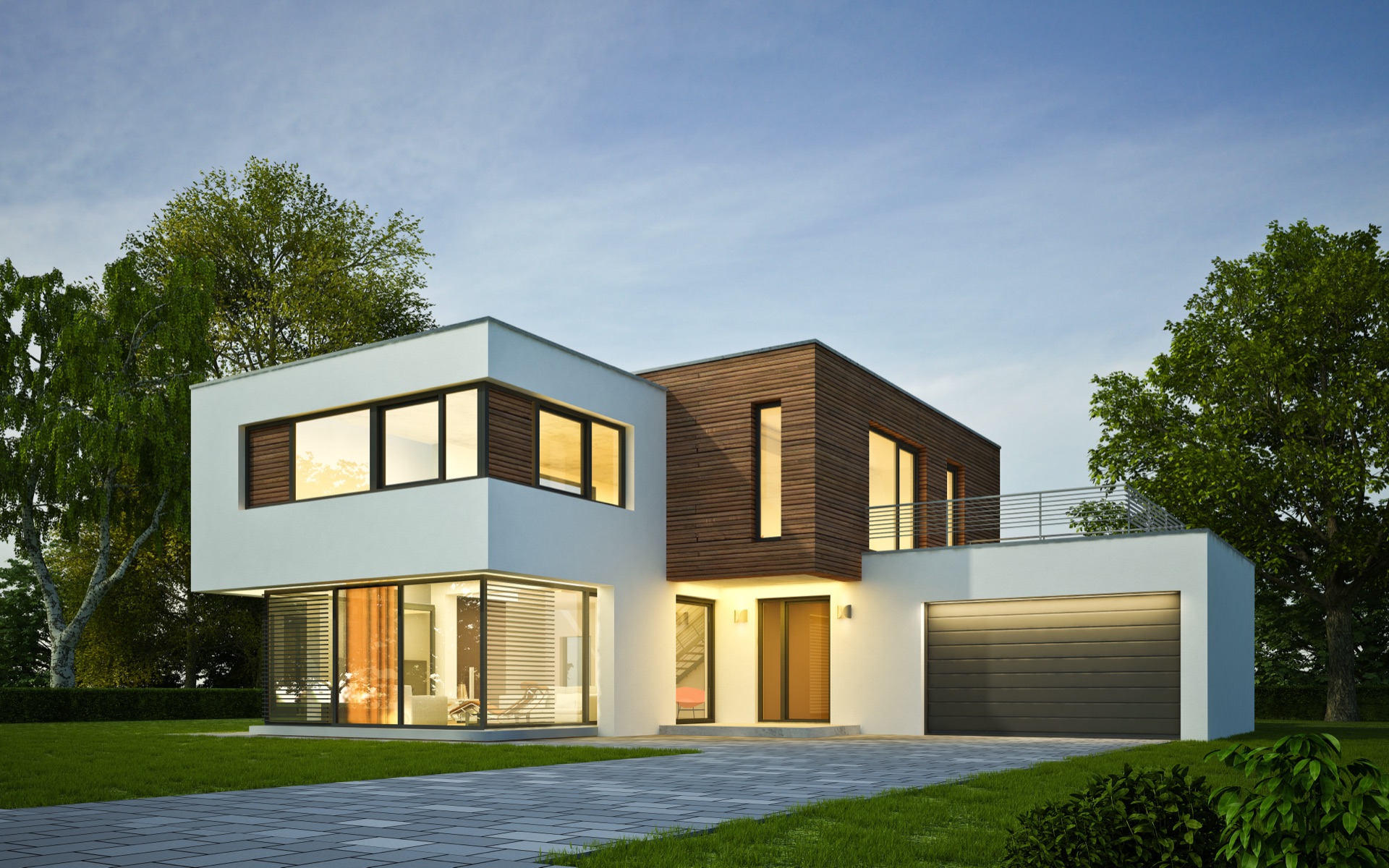 Moderne Architektenvilla in der Abenddämmerung